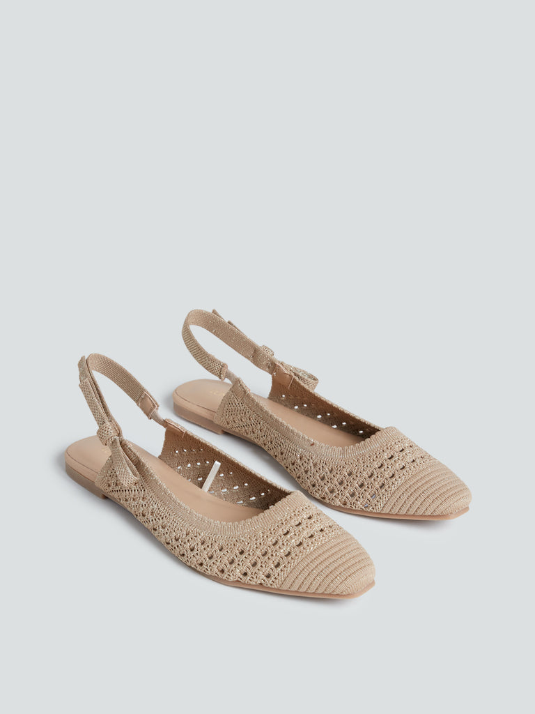 LUNA BLU Brown Knit-Detailed Slingback Flats